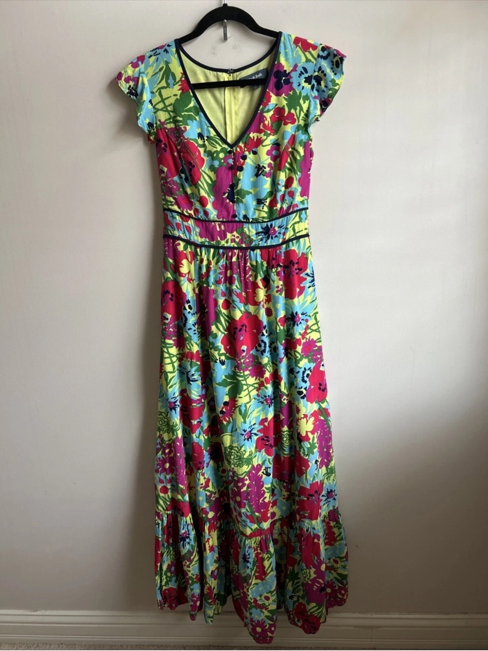 ModCloth Floral Colorful Maxi Cap Sleeve Pockets Attached Belt Tiered Dress Sz M